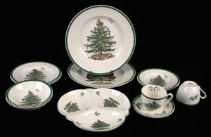 Partial services of Spode’s Christmas Tree pattern often appear at auction and can be augmented with additional pieces. The set shown with eight plates and cups and saucers sold for a reasonable $218.75 at Susanin’s; a larger set with 16 plates brought $500 there. Image courtesy Susanin’s Auctions, Chicago.